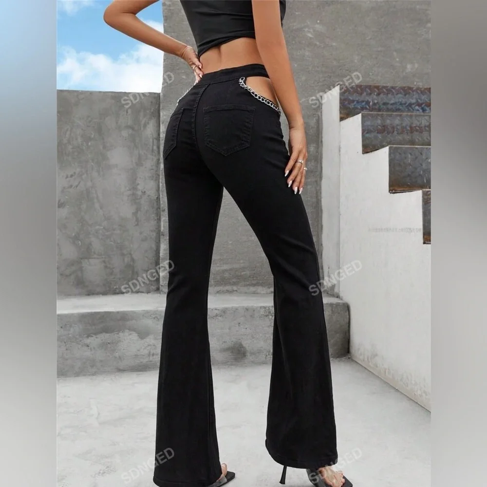 NWT women’s jeans cut out chain flare dark edgy steampunk festival‎ black
